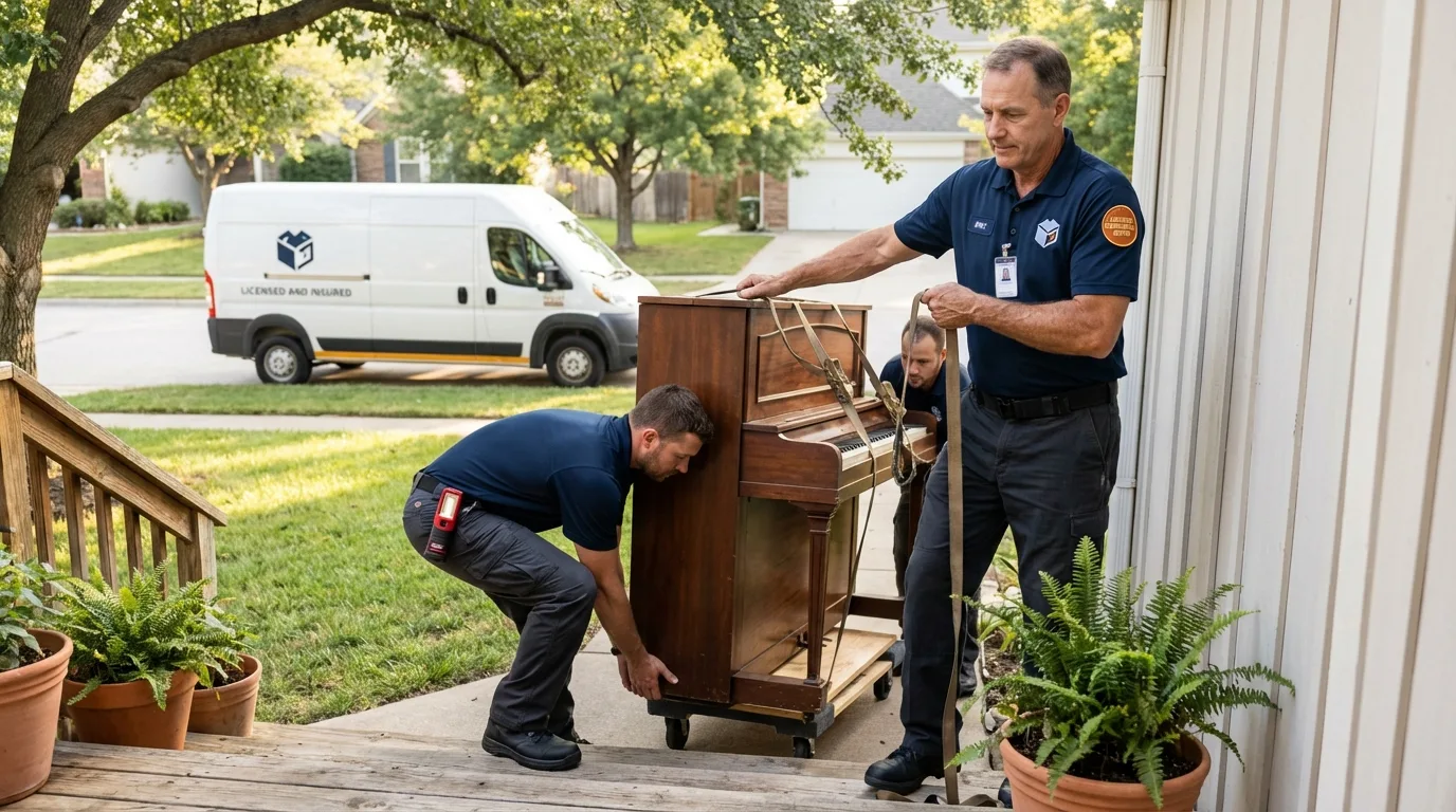 Licensed piano movers securing grand piano in Chevy Chase, MD