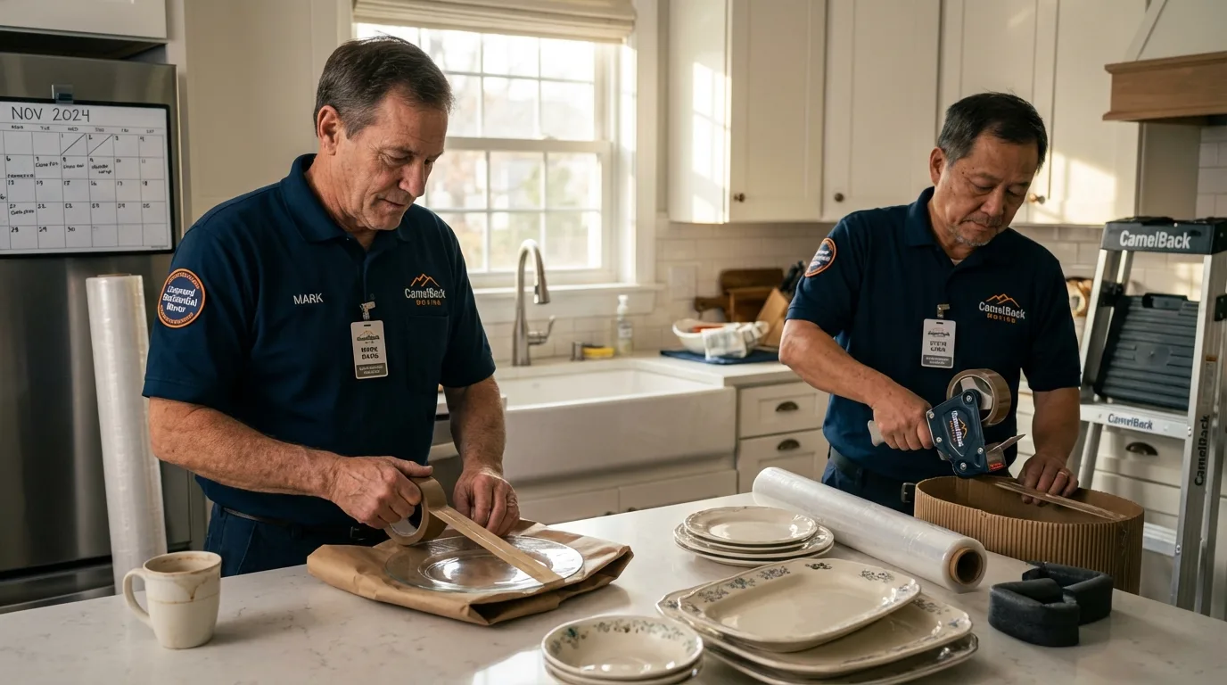 Professional crew packing kitchen dishware in Chevy Chase, MD